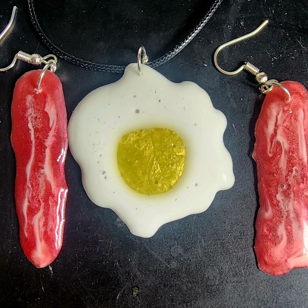 Fried Egg and Bacon Earrings Set